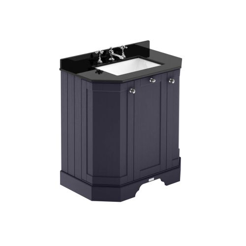 Hudson Reed Traditional Old London Twilight Blue 750mm 3-Door Angled Unit & Black Marble Top 3 Tap Hole