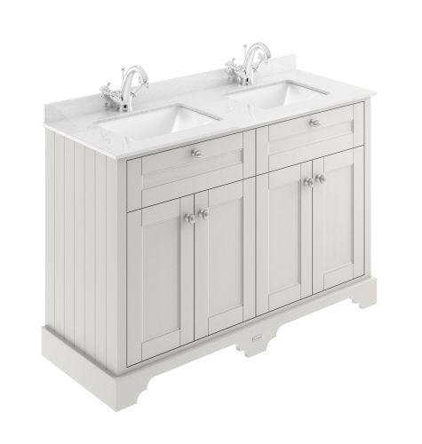 Hudson Reed Traditional Old London Timeless Sand 1200mm Cabinet & Double Light Grey Marble Top 1 Tap Hole Square Basin