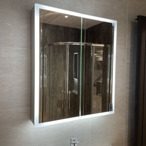 Bella LED Mirror Cabinet 700 x 800mm Double Door and Shaver - Matt Silver
