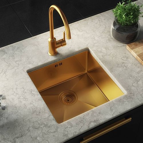 Elite Single Bowl Inset or Undermounted Stainless Steel Kitchen Sink & Waste - Gold Finish (19016)