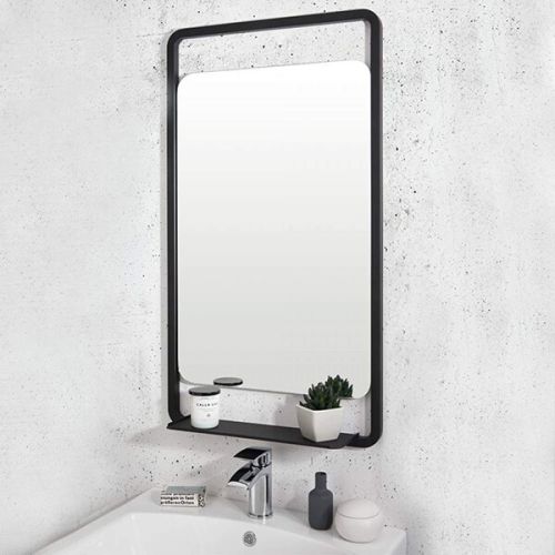 ER Noir Mono Black Simplistic Framed Mirror with Shelf (5674)
