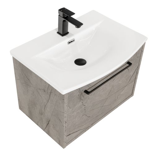 Josef Martin Urbano 600mm Space Saver Wall Mounted 1 Drawer Vanity Unit & Modern Curved Inset Basin - Marble Grey