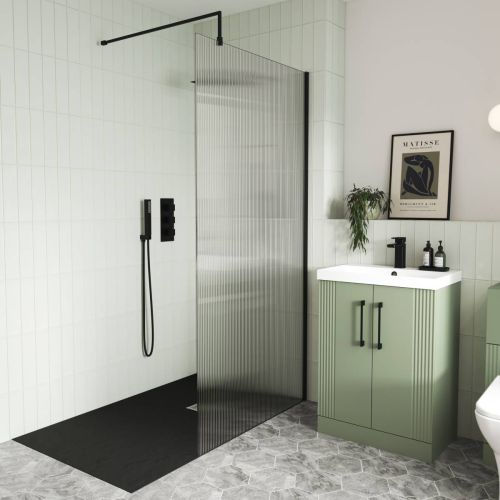 Nuie 800mm Fluted Wetroom Screen & Support Bar - Black (13559)