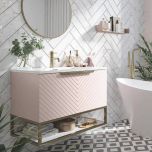 Chevron 800mm Wall Mounted Vanity Unit & Basin with Brushed Brass Frame - Pink (21838)
