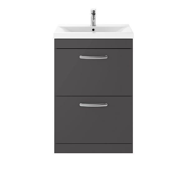 Nuie Athena 600mm Floorstanding Double Drawer Vanity Unit & Minimalist Basin - Gloss Grey (10737)