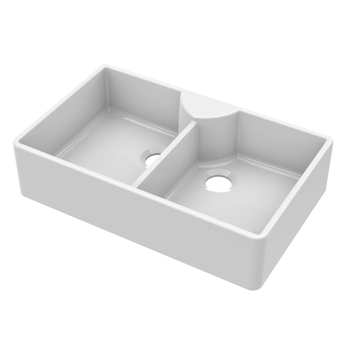 Nuie Butler Double Bowl 895x550x220mm Fireclay Sink with Stepped Weir & Tap Ledge - White (20297)
