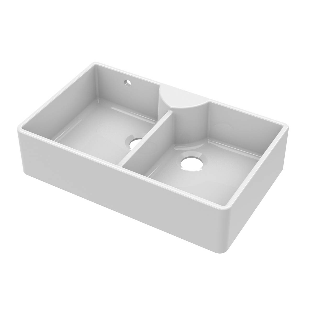 Nuie Butler Double Bowl 895x550x220mm Fireclay Sink with Stepped Weir, Tap Ledge & Overflow - White (20298)