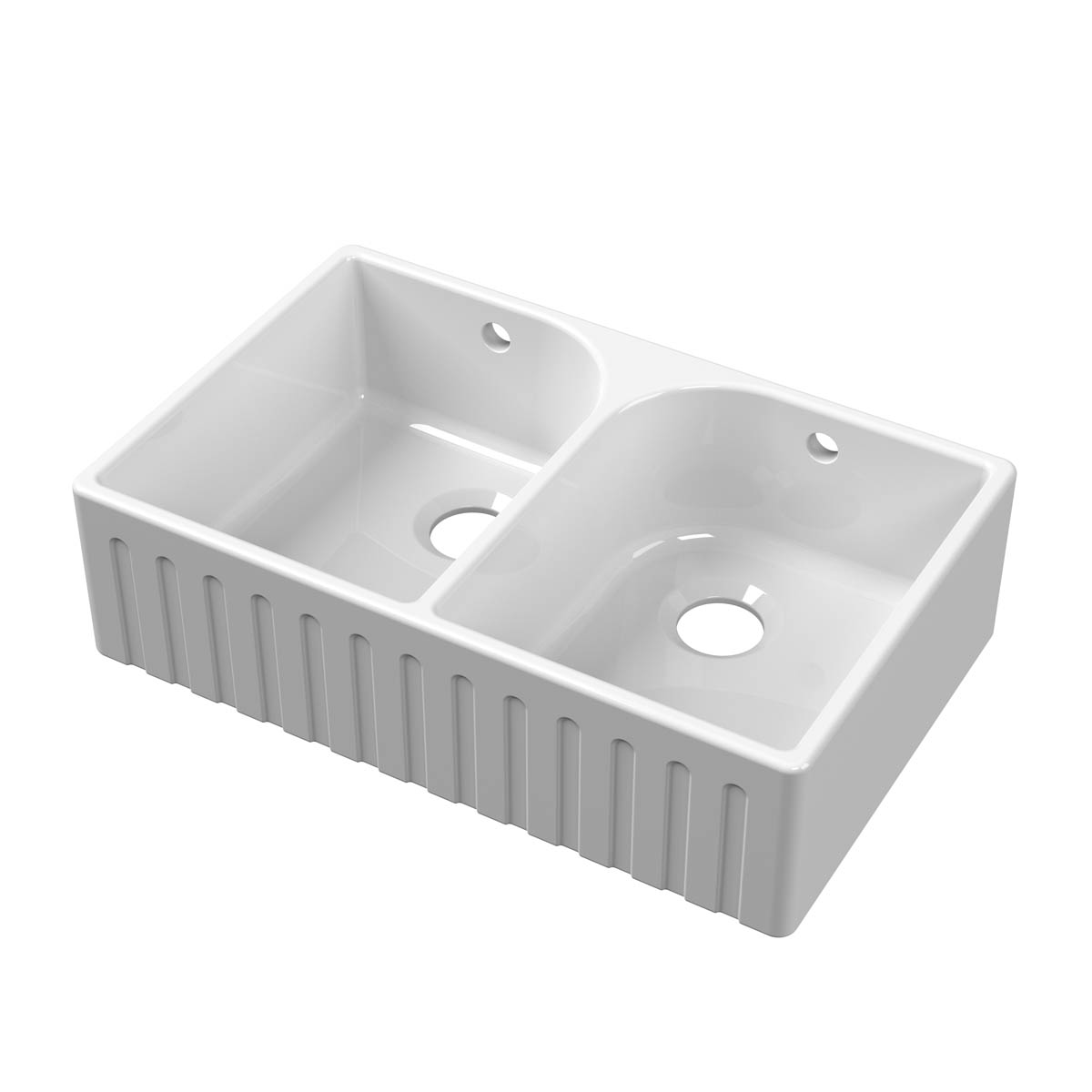 Nuie Fluted Butler Double Bowl 795x500x220mm Fireclay Sink with Full Weir & Overflow - White (20294)
