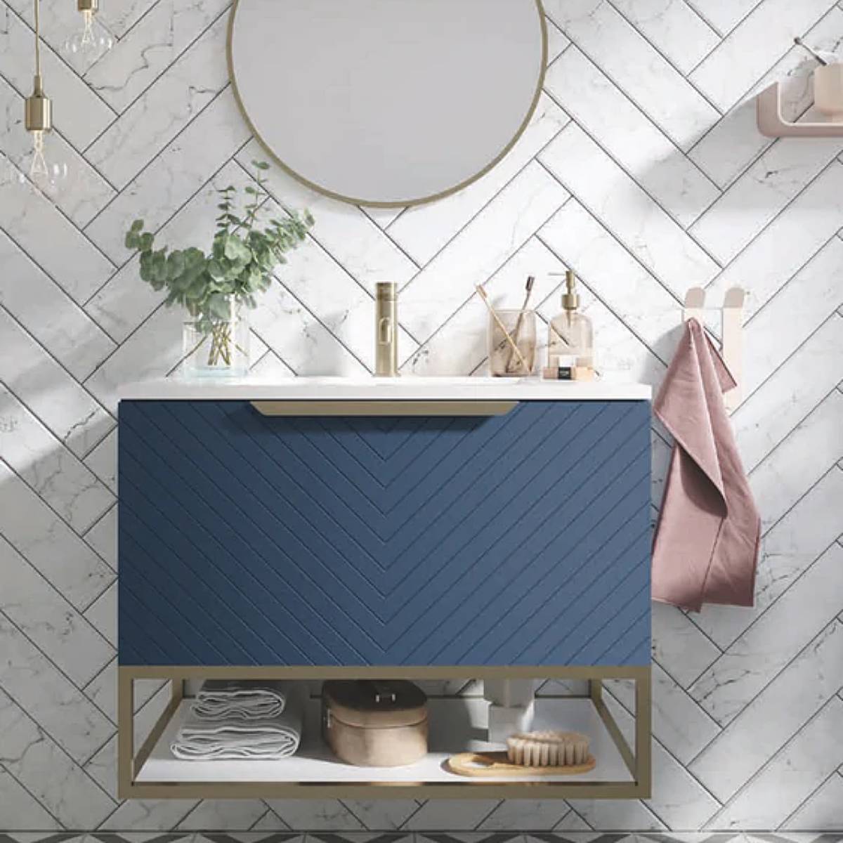 Chevron 800mm Wall Mounted Vanity Unit & Basin with Brushed Brass Frame - Blue (13308)