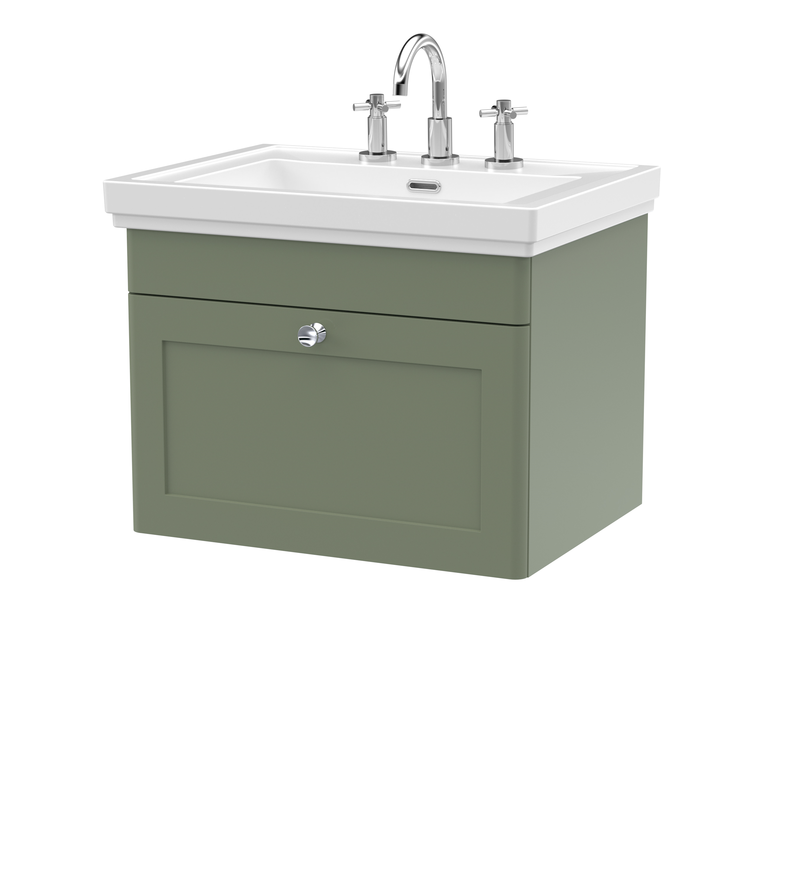Nuie Classique 600mm Satin Green Traditional Wall Hung 1-Drawer Unit & Basin 3 Tap Holes