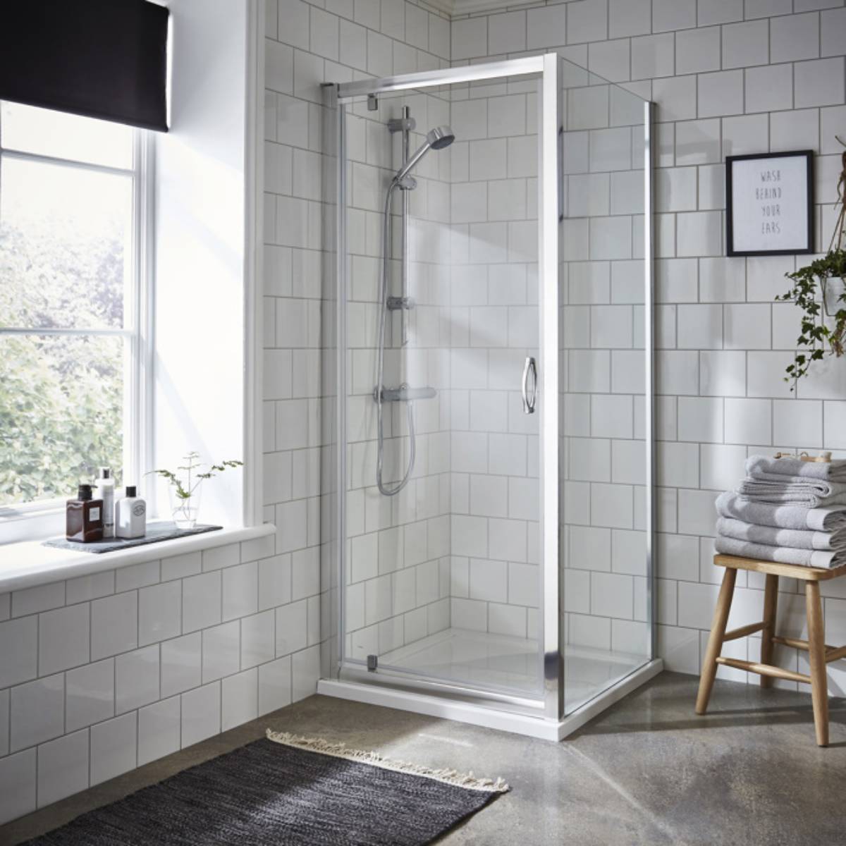 Nuie Ella 800mm Pivot Shower Door with Round Handle - Satin Chrome (2804)