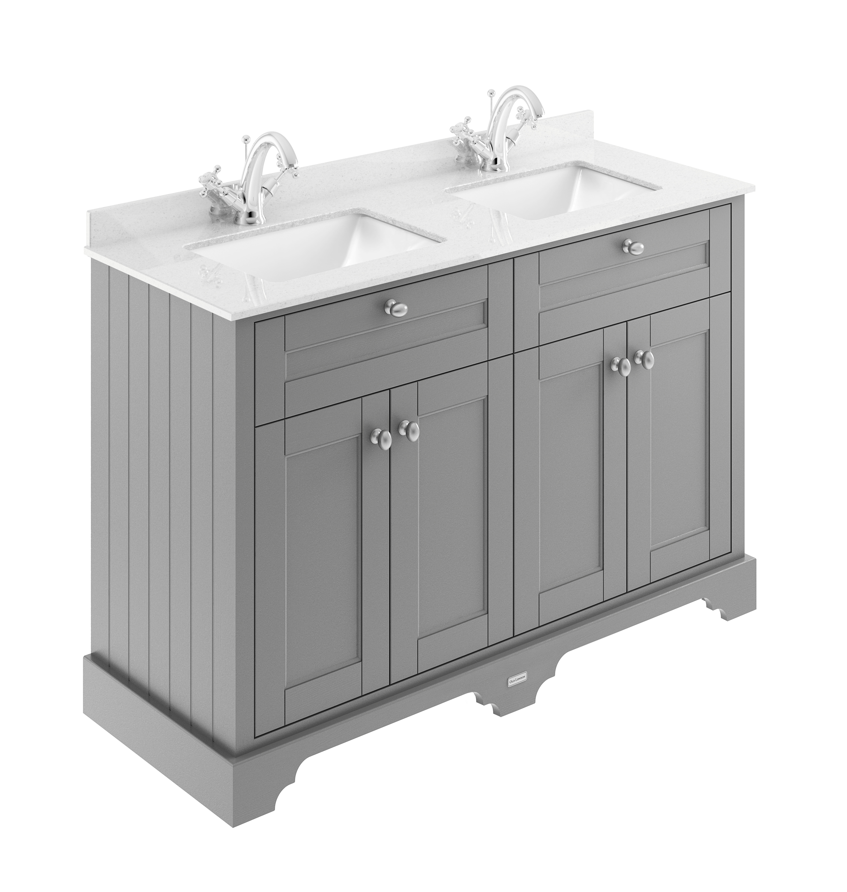 Hudson Reed Traditional Old London Storm Grey 1200mm Cabinet & Double Light Grey Marble Top 1 Tap Hole Square Basin
