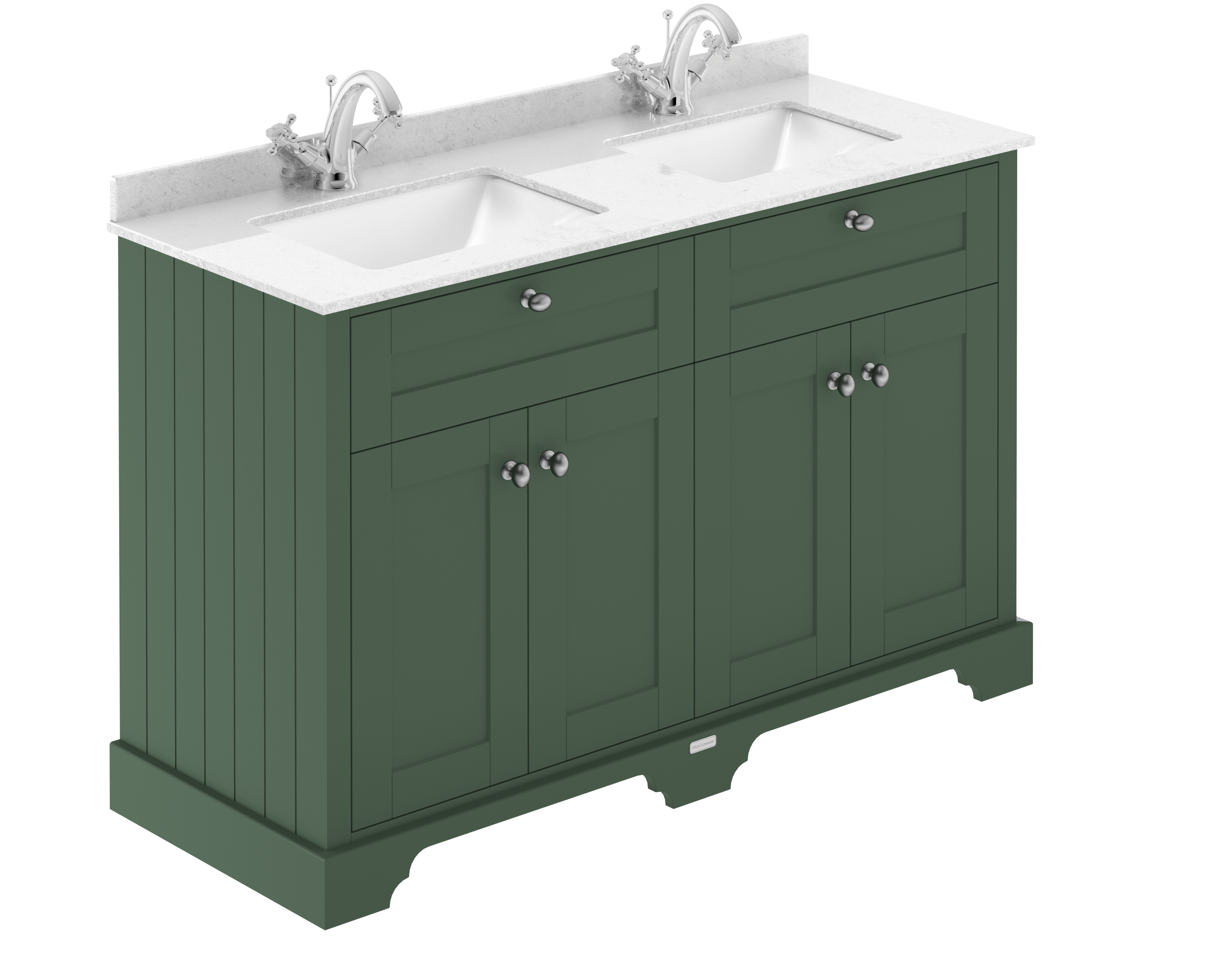 Hudson Reed Traditional Old London Hunter Green 1200mm Cabinet & Double Light Grey Marble Top 1 Tap Hole Square Basin