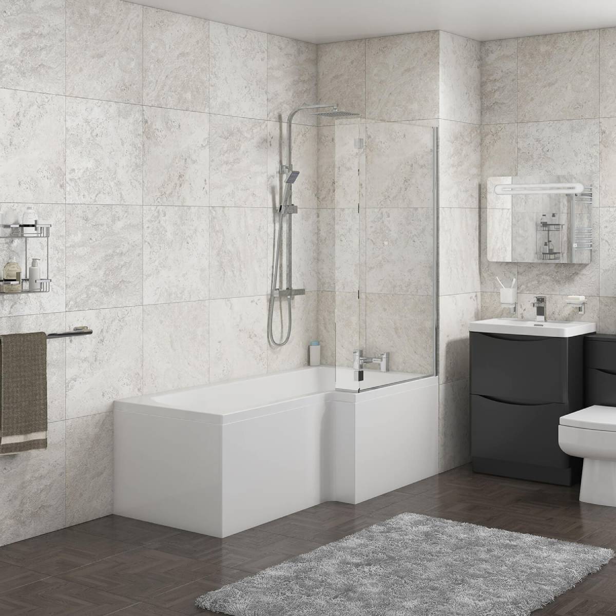 Linea 1700mm L-Shape Shower Bath, Front Panel & Screen - Right Hand (907)