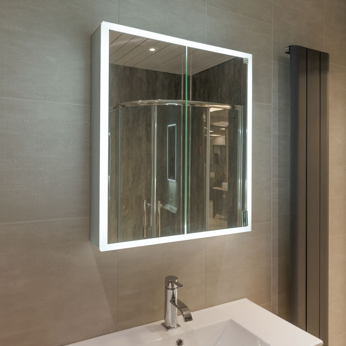 Bella LED Mirror Cabinet 700 x 600mm Double Door and Shaver - Matt Silver
