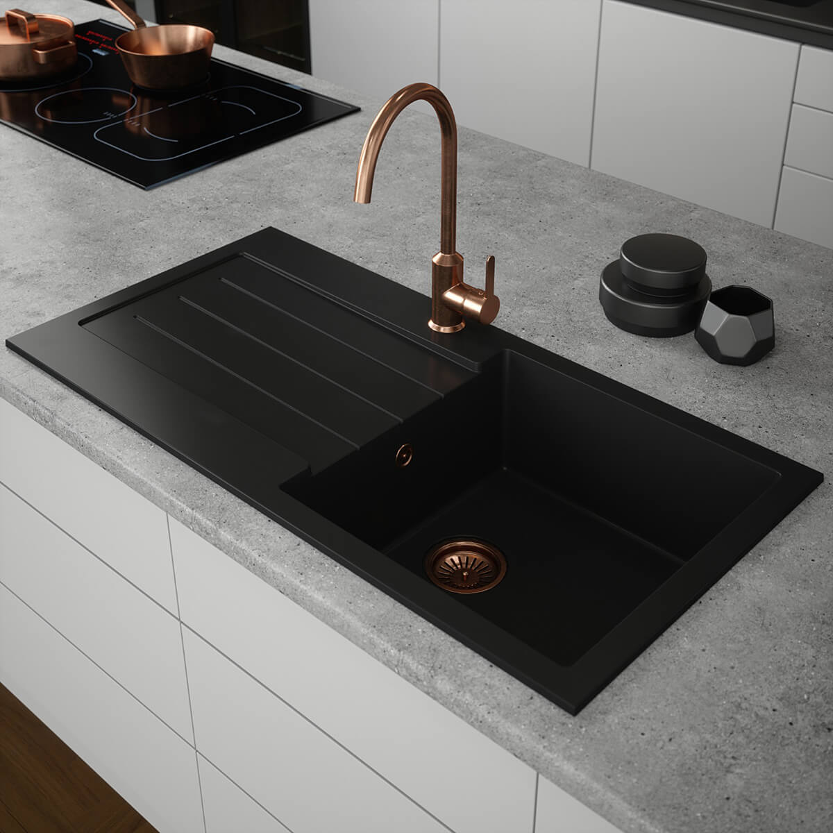 Ellsi Comite Granite Single Bowl Kitchen Sink & Waste - Black (11257)