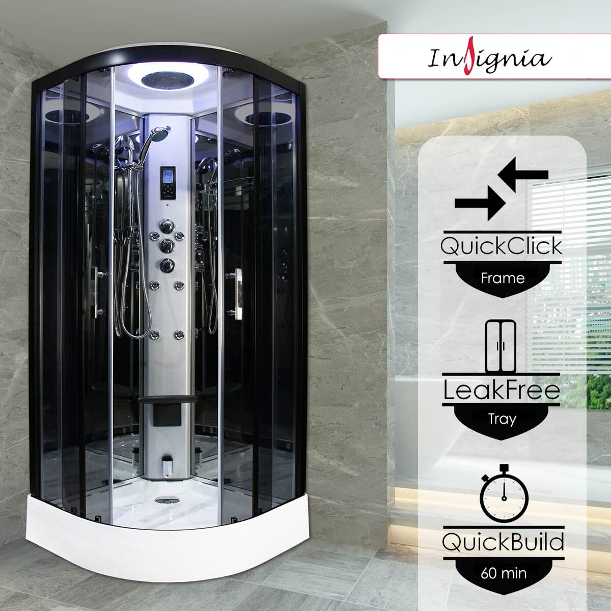 Insignia Premium 800mm Quadrant Steam Shower Enclosure - Black Frame/Tinted Glass PR8-QBF-TG-S (2859)