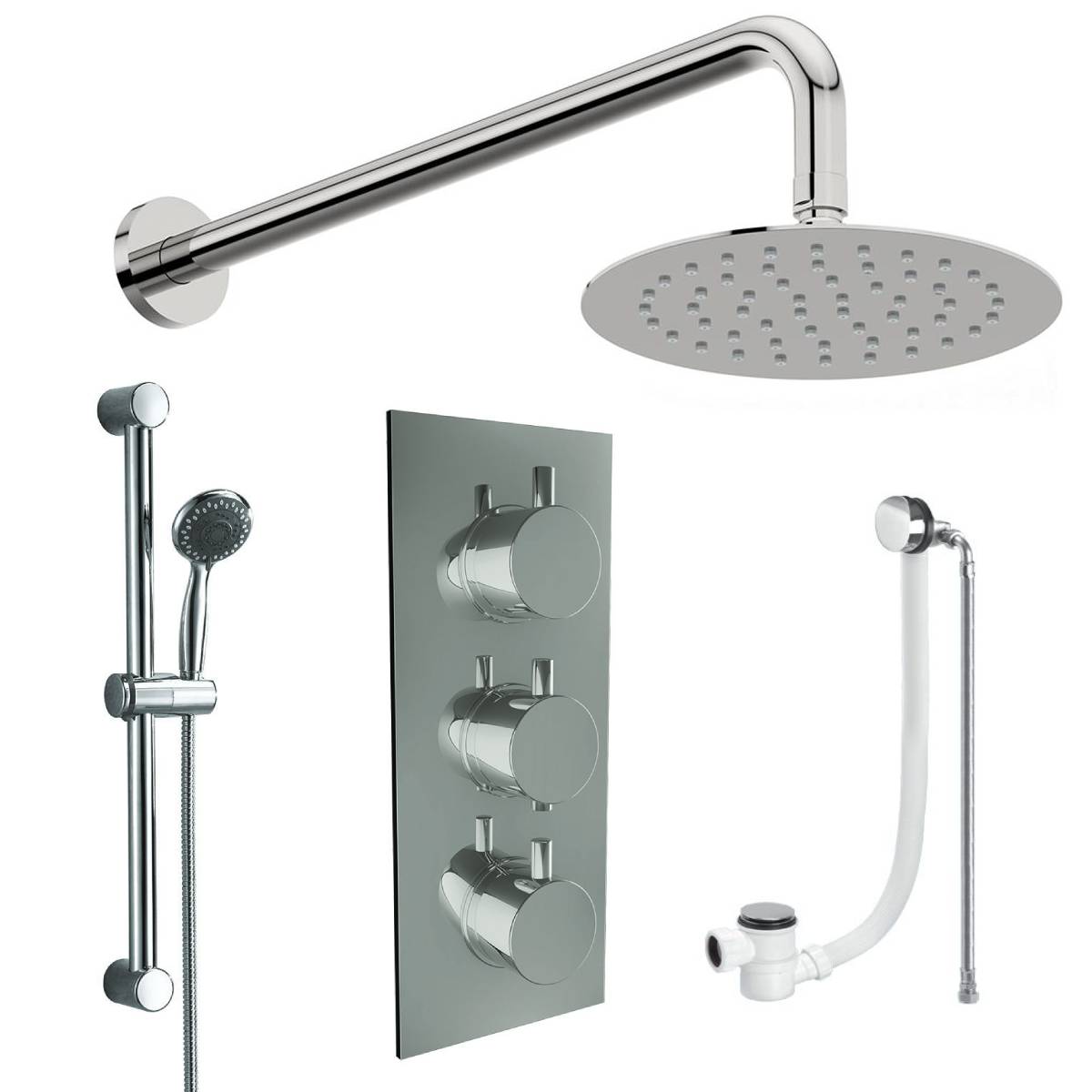 Round Triple Thermostatic Concealed Mixer Shower Kit with Wall Mounted 300mm Shower Head, Slide Rail Kit & Overflow Filler (12473)