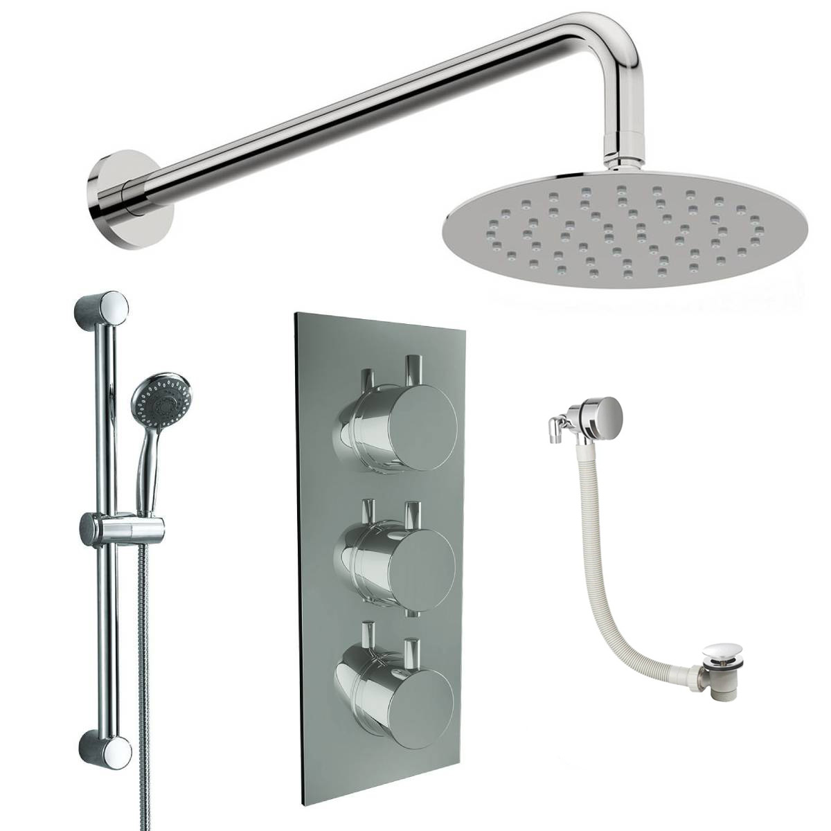Round Triple Thermostatic Concealed Mixer Shower Kit with Wall Mounted 200mm Shower Head, Slide Rail Kit & Overflow Filler (12472)