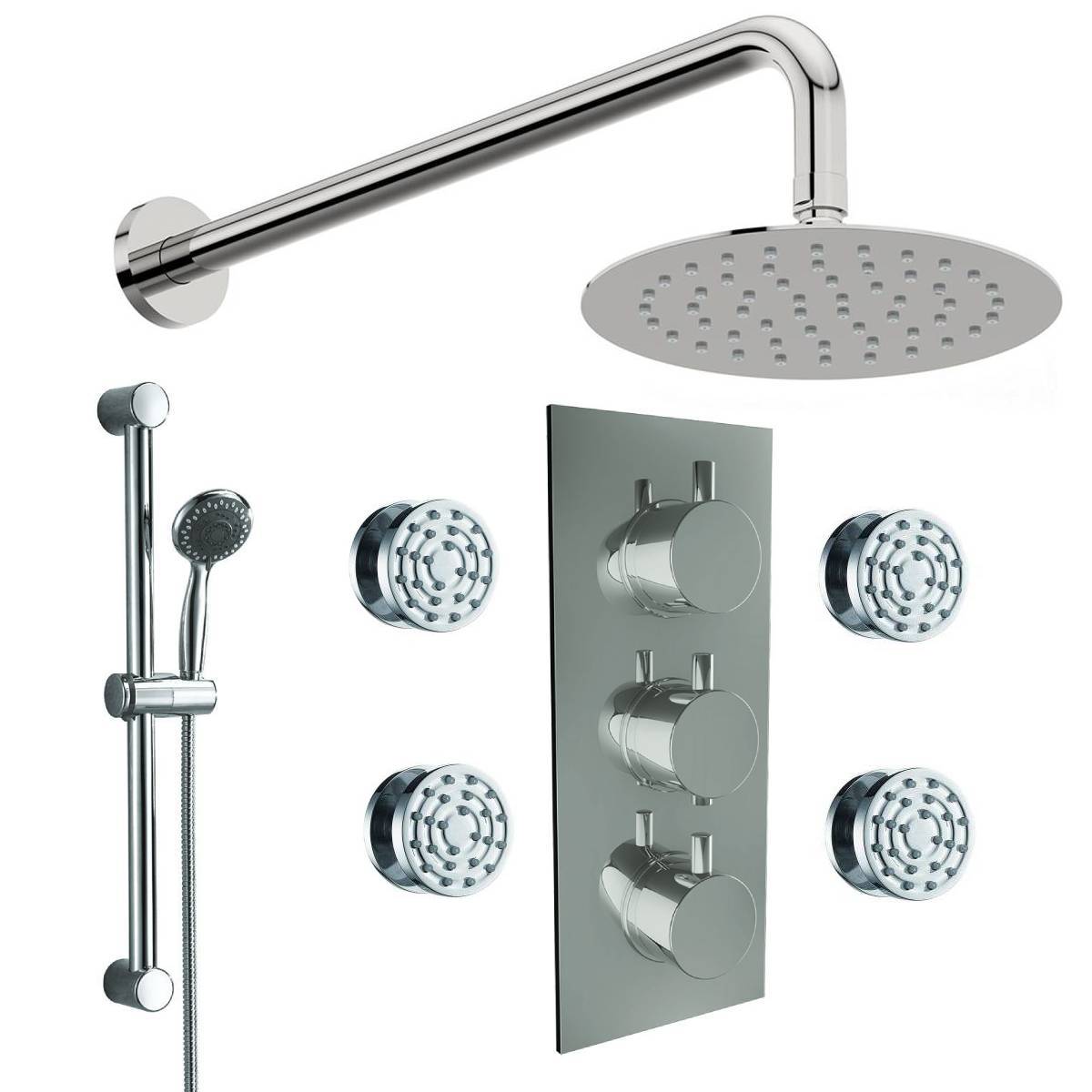 Round Triple Thermostatic Concealed Mixer Shower Kit with Wall Mounted 300mm Shower Head, Slide Rail Kit & Body Jets (12475)