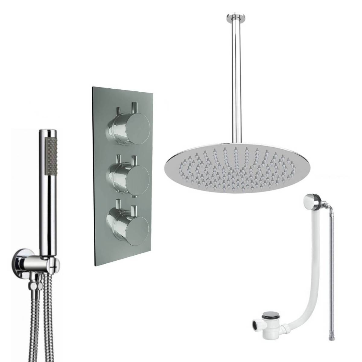 Round Triple Thermostatic Concealed Mixer Shower Kit with Ceiling Mounted 300mm Shower Head, Handset & Overflow Filler (12488)
