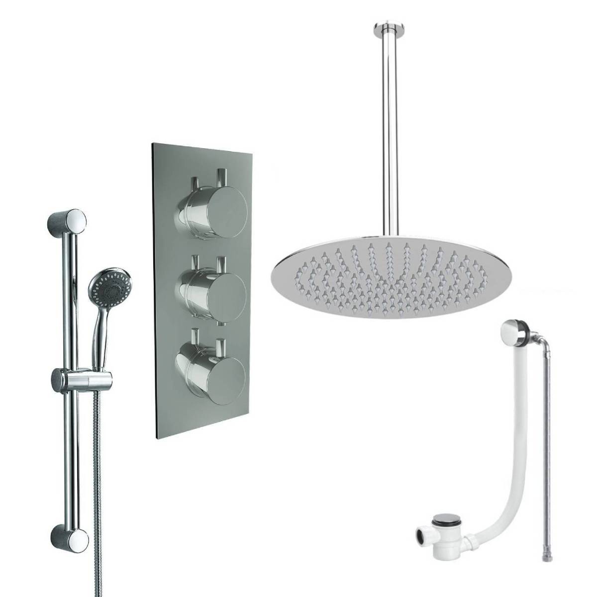 Round Triple Thermostatic Concealed Mixer Shower Kit with Ceiling Mounted 200mm Shower Head, Slide Rail Kit & Overflow Filler (12489)