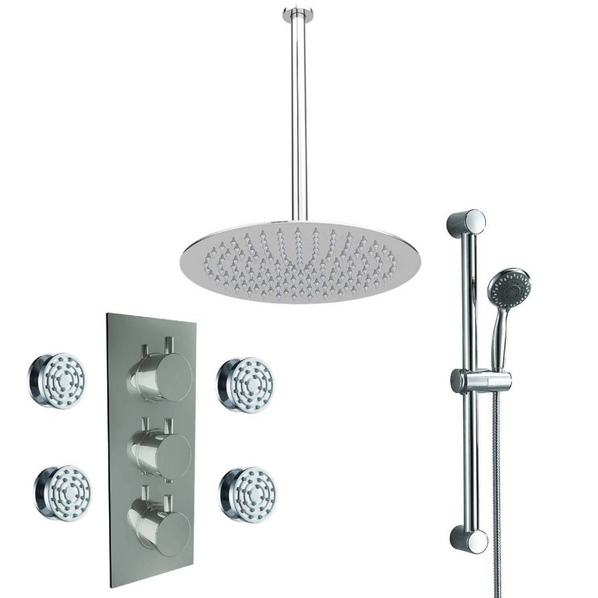 Round Triple Thermostatic Concealed Mixer Shower Kit with Ceiling Mounted 200mm Shower Head, Slide Rail Kit & Body Jets (12491)
