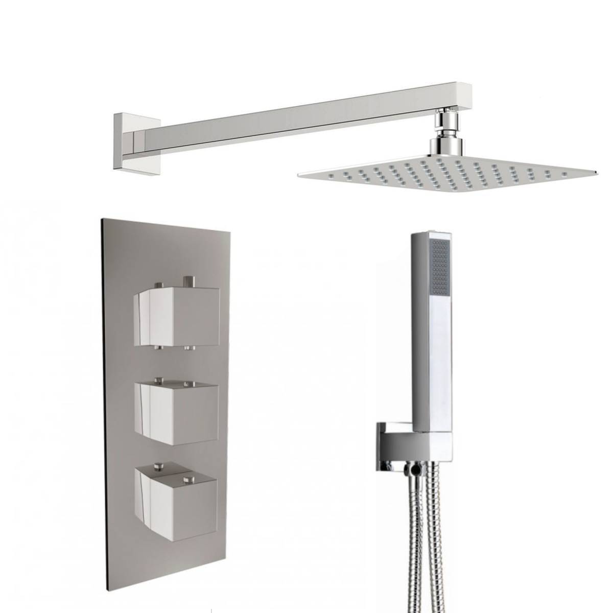 Square Triple Thermostatic Concealed Mixer Shower Kit with Wall Mounted 200mm Shower Head & Handset (12515)