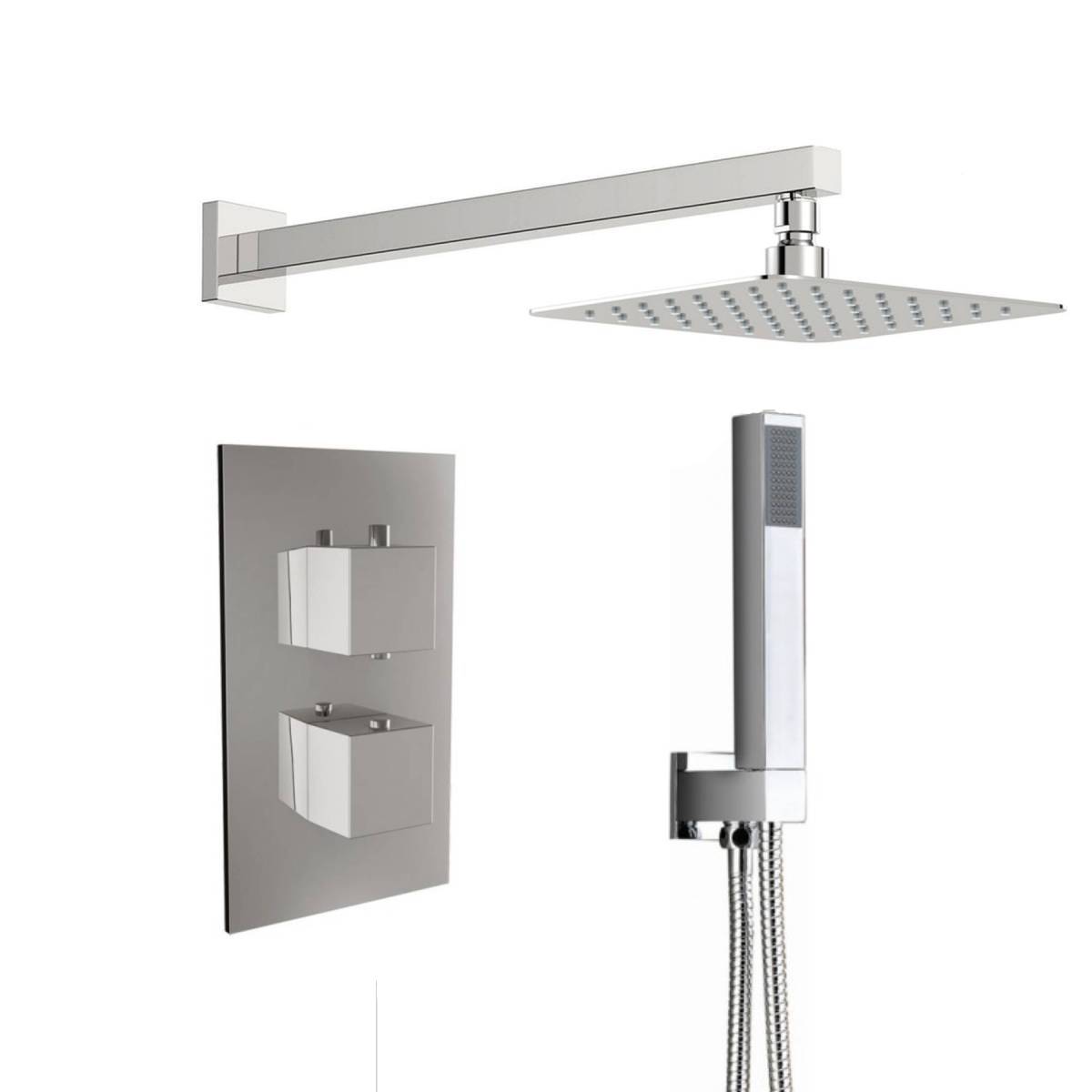 Square Twin Thermostatic Concealed Mixer Shower Kit with Wall Mounted 200mm Shower Head & Handset (12511)