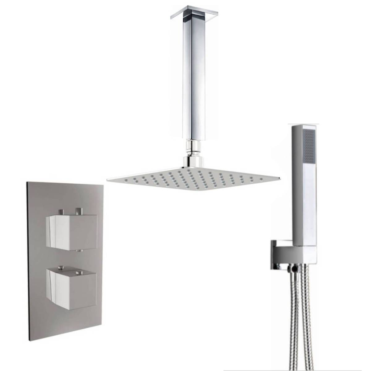 Square Twin Thermostatic Concealed Mixer Shower Kit with Ceiling Mounted 200mm Shower Head & Handset (12513)