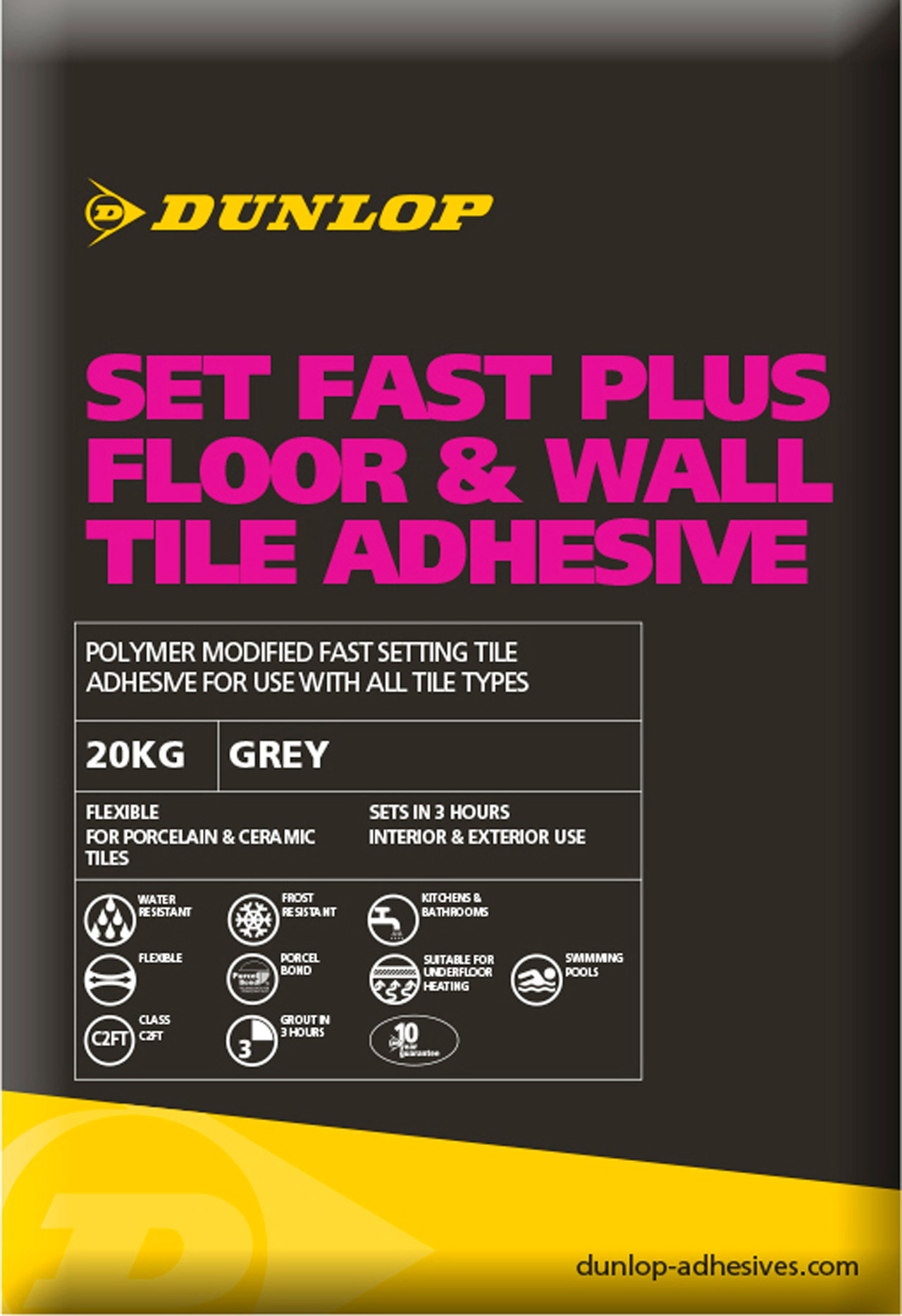 Dunlop Set Fast Plus Flexible Tile Adhesive Grey 20KG (6968)